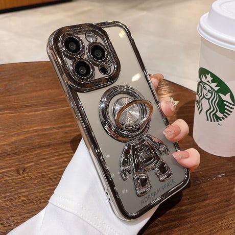 宇宙飛行士リング付 iPhone15/14proケース メッキクリアアイフォン13/12/11proカバー スタンド 便利 艶あり セレブ愛用 [M2637]