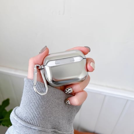 メッキ Airpods 4ケース 光沢感 カラビナ付 Airpods3/2カバー AirpodsPro2/Pro1  シルバー 高級感[M4802]
