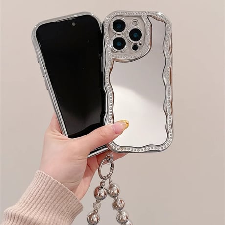 ジュエリー鏡付 iPhone16pro/16ケース ビーズチェーンストラップ アイフォン15pro/14/13proケース 大人可愛い 女子力UP メイク直しに便利[M5194]