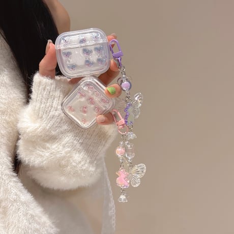 キラキラ蝶々 Airpods 4ケース キーホルダー付 かわいい Airpods3/Pro2ケース airpodsproカバー 頑丈 プレゼントにおすすめ[M5074]