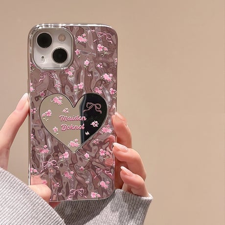 ハートミラー iPhone15/15proケース 花柄 リボン iPhone14/13pro/12ケース かわいい ピンク きれい 春夏[M3982]