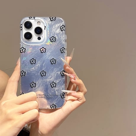 韓国風 iPhone16pro/16ケース 艶感花柄 iphone15pro/14/13proカバー ハートバックチャーム 大人可愛い[M5388]