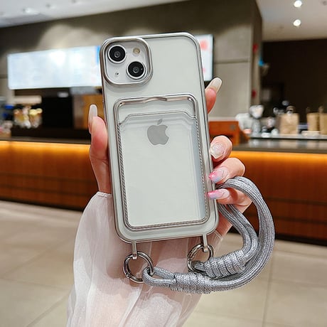 カード入れ iPhone15pro/16ケース ストラップ付 メッキ アイフォン14/13/SEカバー 便利 シンプル[4347]