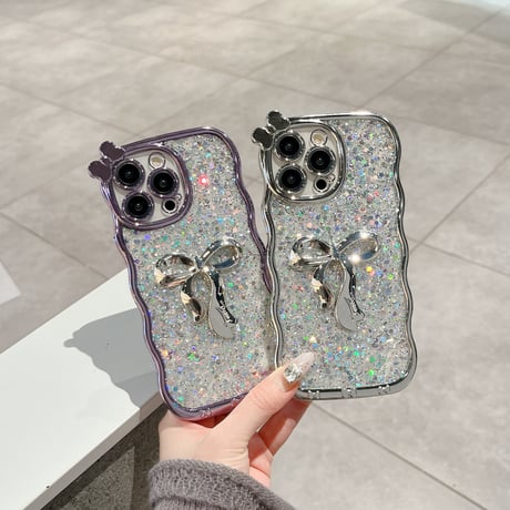 リボン iPhone16pro/16ケース うねうね グリッター iphone14/13pro/12proカバー 女子力アップ キラキラ おしゃれ[M4896]