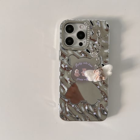 熊ちゃんミラー iPhone16/16proケース 可愛いバックチャーム付 iPhone15pro/14pro/13カバー 艶感 可愛い [M5419]