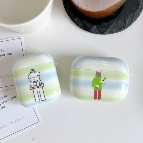 淡色系猫/犬ちゃん AirpodsPro3ケース  ビーズストラップ Airpods4/3カバー pro2/Pro1ケース 可愛い お揃い[M6482]