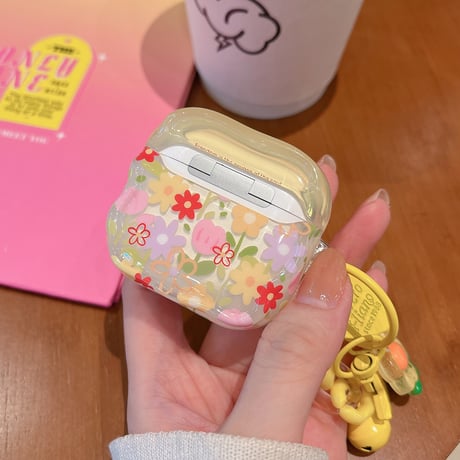 きれい花柄 Airpods4ケース 花キーホルダー付 AirpodsPro2ケース airpods3/2ケース 可愛い ギフトにおすすめ[M5598]