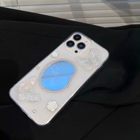 パール鏡付 iPhone15/15proケース  蝶/花 iPhone14pro/13mini/12proカバー 透明 綺麗 女子力アップ[M3990]