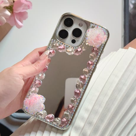 ミラー iPhone16e/16proケース 蝶/花デコ ダイヤ/パール iPhone15promax/14/13カバー おしゃれ シック 女子力高い [M5281]
