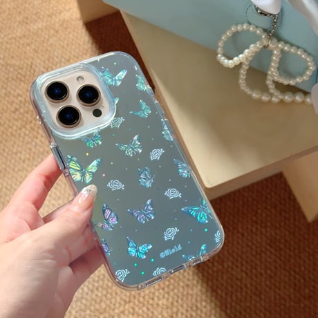 鏡付き蝶々 iPhone16pro/16ケース キラキラ 艶感 iPhone15promax/14/13proカバー 夏コーデにおすすめ [M5307]