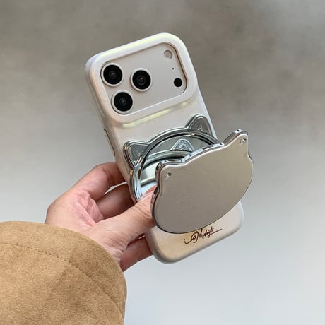 猫耳付ミラー iPhone17/17Proケース スタンド機能 iPhone16Pro/15/14ProMaxケース 高級感皮 頑丈 人気品 便利[M6179]