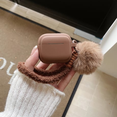 ベージュ/ブラウン AirpodsPro3ケース 可愛いストラップ付 Airpods4カバー Airpods3/2 充電口カバー付 ふわふわ 可愛い[M5769]