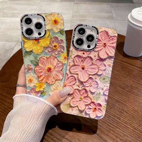 油絵花 iPhone15/15proケース キラキラ レンズフィルム付き iphone14/13/12proカバー きれい 女子力アップ[M3848]