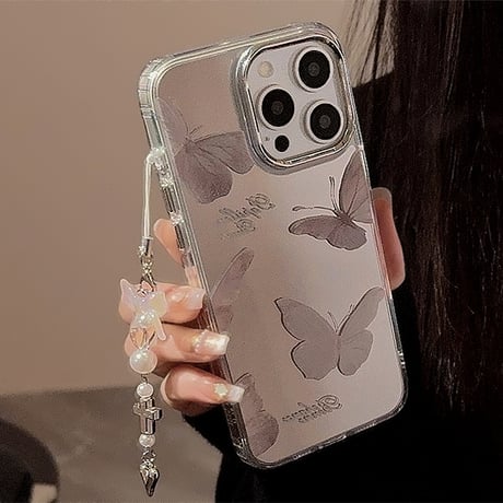 蝶柄鏡 iPhone15/15proケース チョウアクセサリー付 iPhone14/13pro/12ケース かわいい 便利 頑丈[M4154]