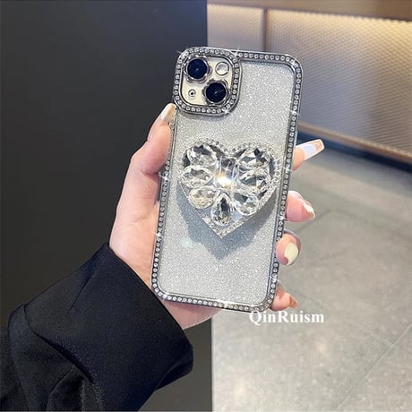 ミラー/ハートダイヤグリップ iPhone15/15Proケース ストーンサイド キラキラ アイフォン14pro/13/12カバー 綺麗 便利 [M3889]