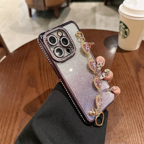 ビジュー iPhone16/16proケース ハートダイヤチェーン iPhone14Pro/13/12proカバー キラキラ 女子力高い [M4634]