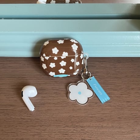 韓国っぽ Airpods Pro3ケース 花柄 Airpods4/3カバー pro2/pro1 白花キーホルダー/リング ブラウンカラー[M6057]