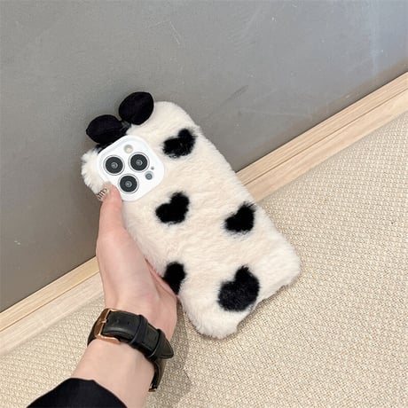 秋冬 リボン付 iphone14/14proケース ハート柄  アイフォン13/12/11カバー 柔らかい温かい  かわいい  ガールズに人気[M2266]