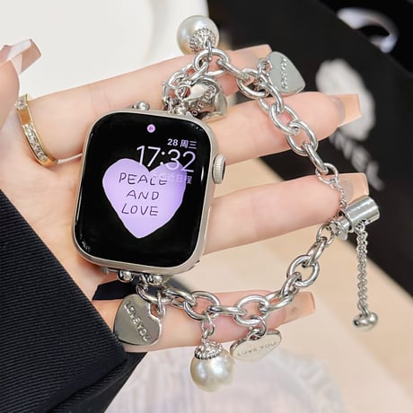 ハート/パール Applewatch series10/9バンド オシャレ アップルウォッチseries 8 7 6 5 4 3 2 SE Ultra  金属 高級感たっぷり[M5493]