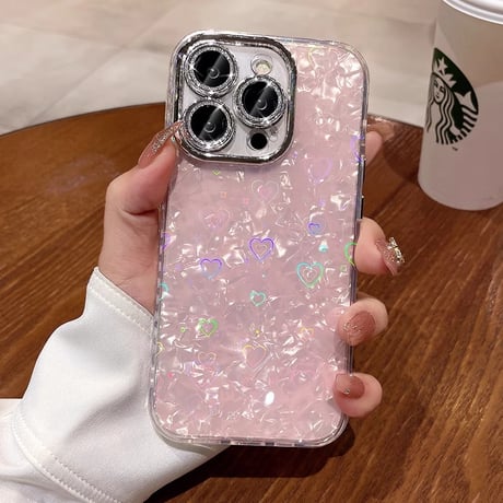 シェル風ハート柄 iPhone16/15proケース キラキラ レンズ保護 iphone14/13/12proカバー 女子力上がる 存在感抜群[M3635]