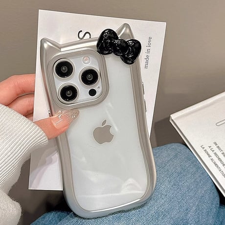 猫の耳 リボン付 iPhone15pro/15ケース メッキ iphone14pro/13promax/12カバー 可愛い 黄ばまない[M4379]
