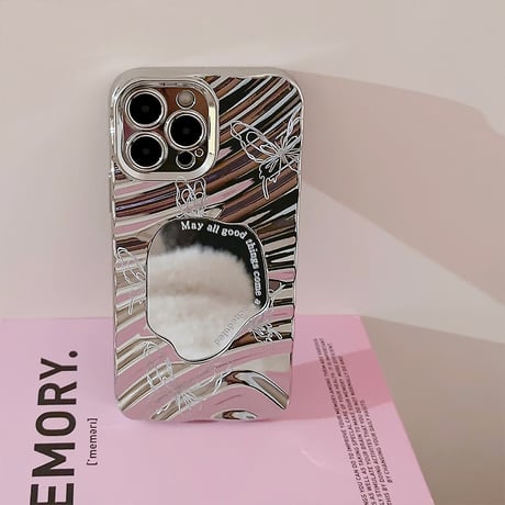 ミラー iPhone15/15Proケース シルバー 蝶柄 iPhoneSE2/14/13Pro/12ケース シック 波紋 ファッションセンスいい [M3805]