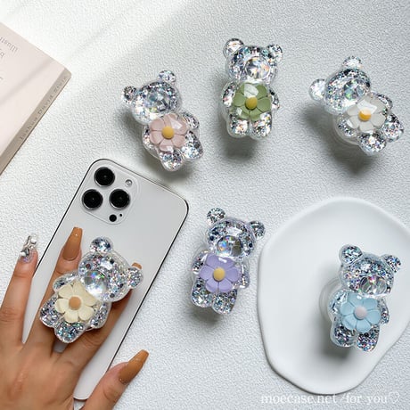 花付熊 スマホグリップスタンド キラキララメ入り  高透明感 艶あり 粘着タイプ かわいい いい ギフトにおすすめ[M2788]