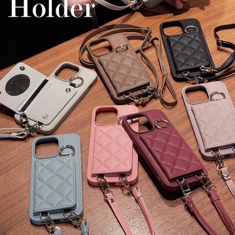 iPhone15/14proケース カード収納 鏡付き ショルダー付   エレガント セレブ愛用[M3472]