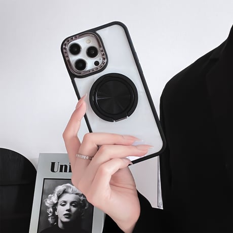 リングスタンド付 iPhone15Pro/15ProMaxケース シンプル 黄ばまないiphone14/13/12promaxカバー 頑丈[M4144]