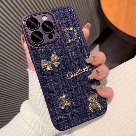 布地 iPhone16/15plusケース  放熱仕様 iPhone14/13proソフトケース カメラ保護 リボン熊ちゃんデコ 秋冬人気[M3618]
