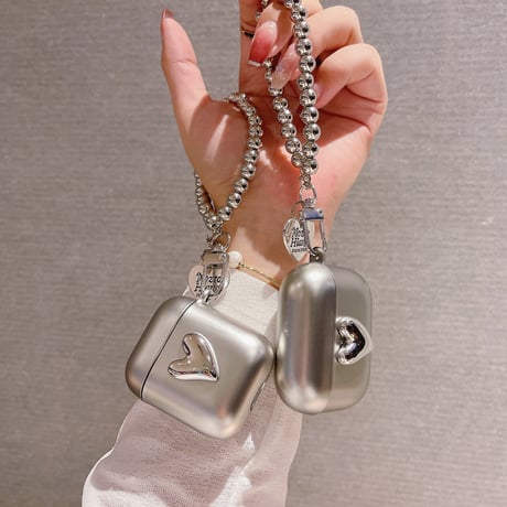 シルバーハート airpods4/3ケース ストラップ付 エアーポッズproカバー クール 可愛い 艶あり[M2049]