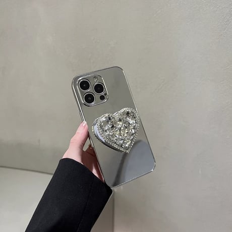 ハートダイヤグリップ iPhone15/15proケース  ミラー iPhone14/13pro/12ケース 女子力アップ オシャレ 便利[M3906]