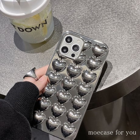 シルバー ハート iphone14/14proケース ストラップ付 アイフォン13pro/12promaxカバー  高級感 クール ギフトにおすすめ[M2341]