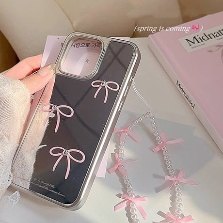 リボン 鏡 iPhone16pro/16ケース パールストラップ iphone15pro/14/13proカバー 大人可愛い ピンク 便利[M5159]