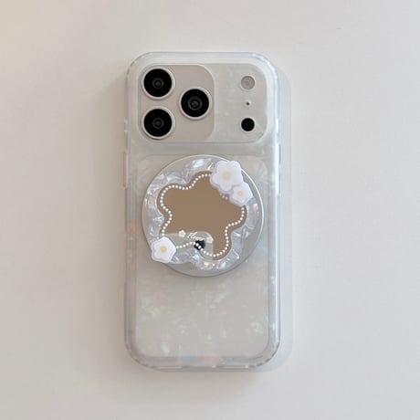 花型ミラーグリップ iPhone17Pro/17ケース MagSafe対応 シェル風 iPhone16Pro/15/14ケース 淡色系 ガーリーファッション[M6255]
