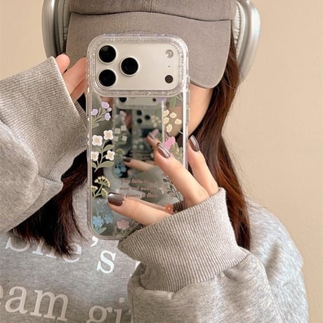 花柄ミラー iPhone17pro/17カバー リボンキーホルダー iPhone16/15proケース 可愛い 女子力高い[M6157