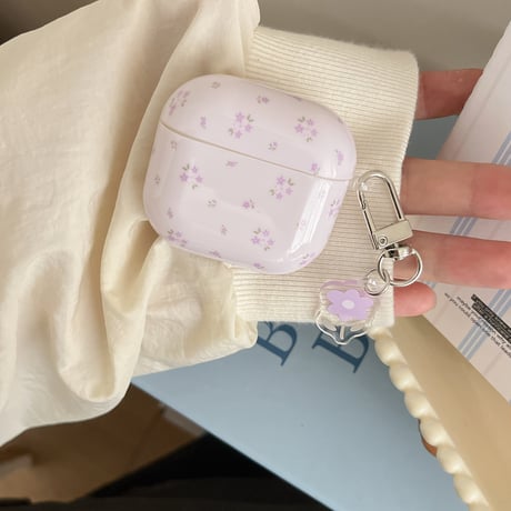 パープル Airpods4ケース 花柄  Airpods3/Pro2ケース airpodspro2カバー  キーチェーン付 ギフトにおすすめ[M5268]