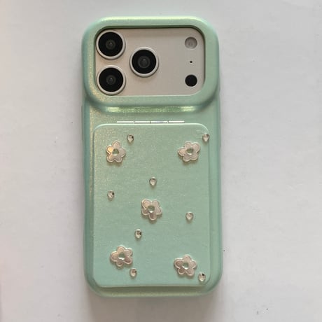ダブルミラースタンド付 iPhone17Pro/17ケース 花とダイヤデコ iPhone16Promax/15pro/14ケース 上品 高品質[M6376]