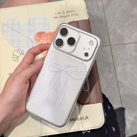甘めリボン柄 iPhone17/17Proケース ラベンダー/ミストブルー/セージ/オレンジに合う iPhone16/15Pro/14カバー クリアケース [M6639]