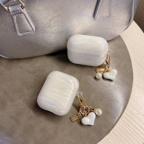 シェル柄 Airpods第4世代ケース 虹色の雲 パールハートキーホルダー Airpods3/Pro2ケース airpodsproカバー 上品 高級感 可愛い[M5111]