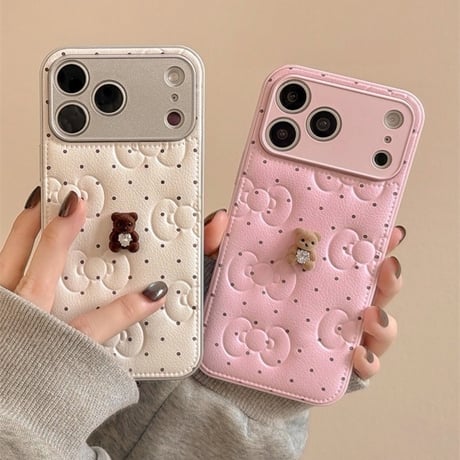 熊デコ iPhone17/17Proケース リボン 皮っぽ iPhone17promax/16Pro/15ケース カメラカバー付 大人可愛い [M5911]