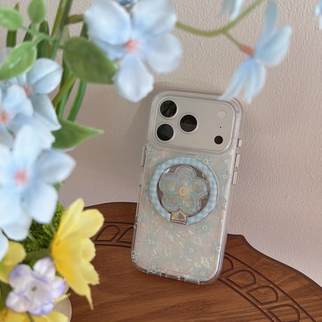 ブルー花リングスタンド iPhone17/17Proケース MagSafe対応 iPhone16Pro/15/14ケース 可愛い便利 甘めコーデ [M6434]