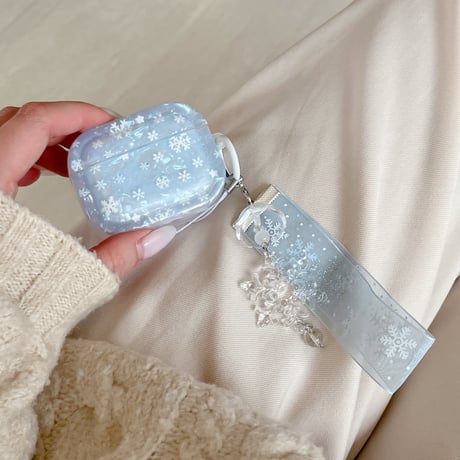 シェル風 雪花 AirPods Pro3 ケース 水色 Airpods4/3ケース  AirpodsPro2/Pro1カバー  レースストラップ 指紋防止[M6007]