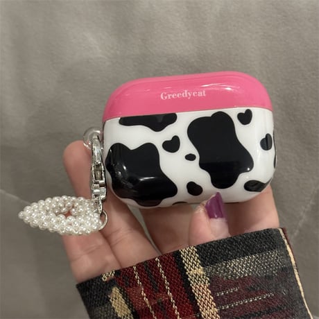 牛柄 Airpods 4ケース パールハートチャーム付 AirpodsPro2/Pro1 Airpods3/2カバー大人可愛い ギフトに最適 [M4770]
