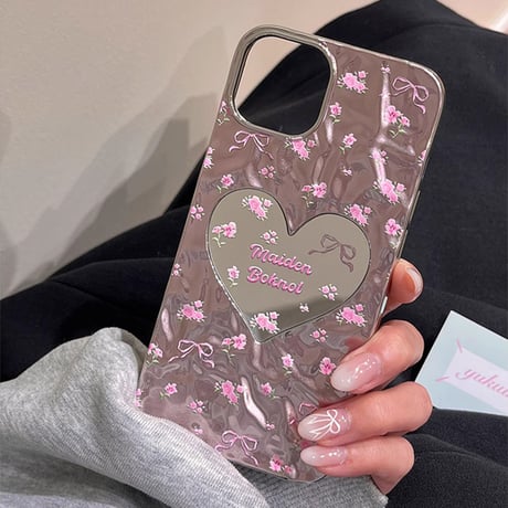 ハートミラー iPhone15/15proケース 花柄 リボン iPhone14/13pro/12ケース かわいい ピンク きれい 春夏[M3982]