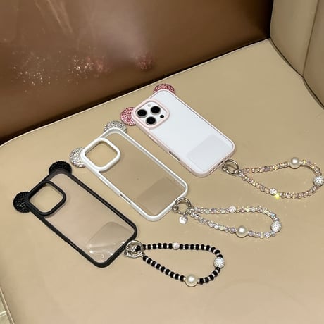 ダイヤ耳付 iPhone16Pro/17ケース キラキラストラップ付 iPhone15promax/14pro/13カバー 透明 可愛すぎ[M5619]