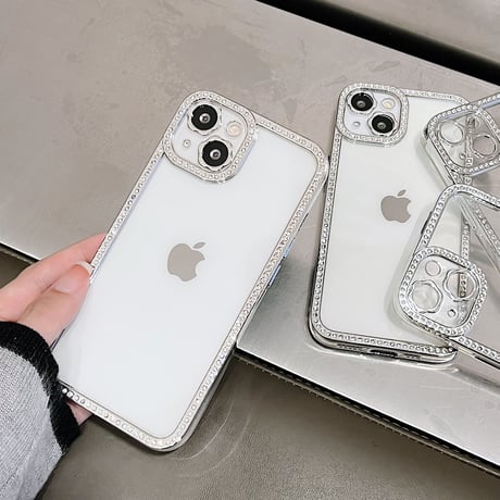 ジュエリー枠 iphone14pro/14plusケース  花のカメラレンズ iphone13/12/11カバー シルバーカラー枠クリアケース[M2331]