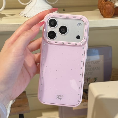 ダイヤリボンスタンド iPhone17Pro/17ケース ストーンライン iPhone16Pro/15/14ケース 淡色系 ガーリーファッション[M6338]