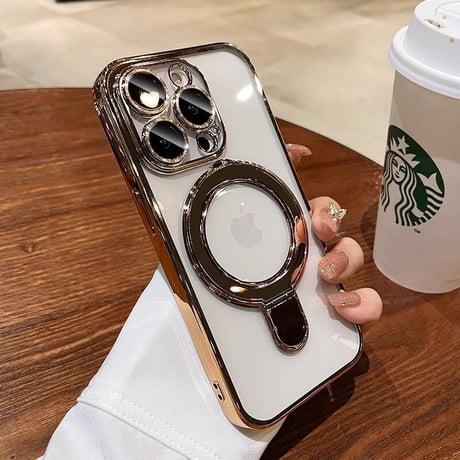 MagSafeスタンド一体型 iPhone16Pro/15ProMaxケース カメラ保護 クリアiPhone14pro/13Proケース メッキ 黄ばまない 色剥げない[M3617]