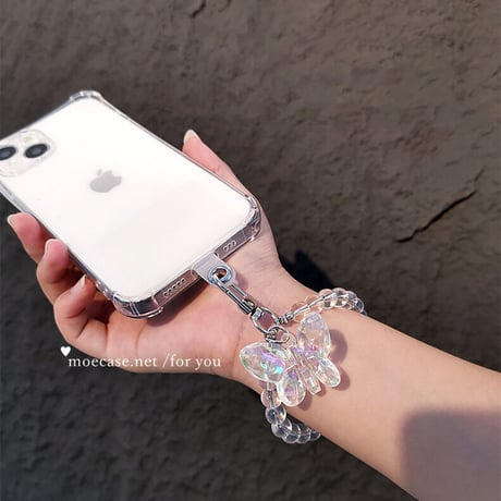 四角耐衝撃加工 透明iPhone15/14Proケース キラキラ蝶ストラップ付 iPhone13mini/12/11proクリアカバー 落下防止 シンプル オシャレ 便利[M2667]